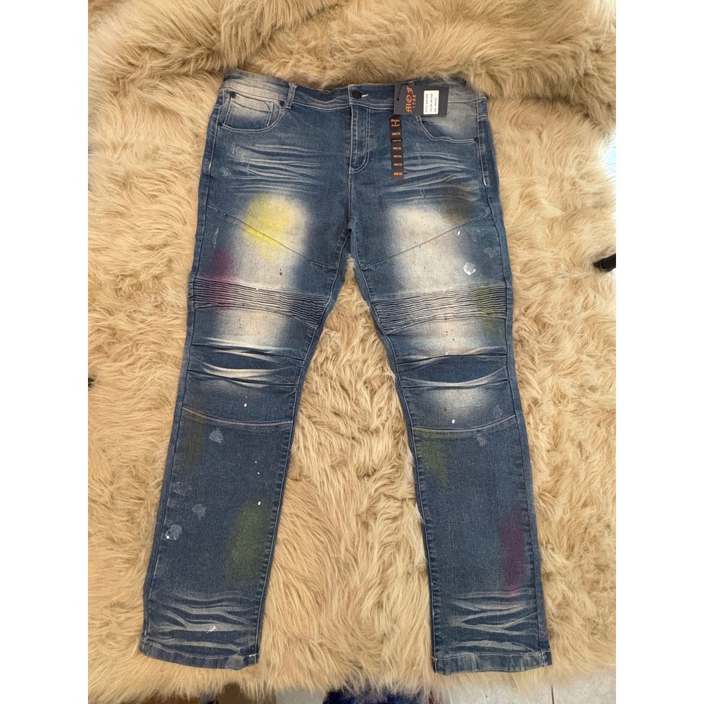 Ministry of Fashion MOF2500 Mens Skinny Moto Jeans Paint Splatter 40W 32L New